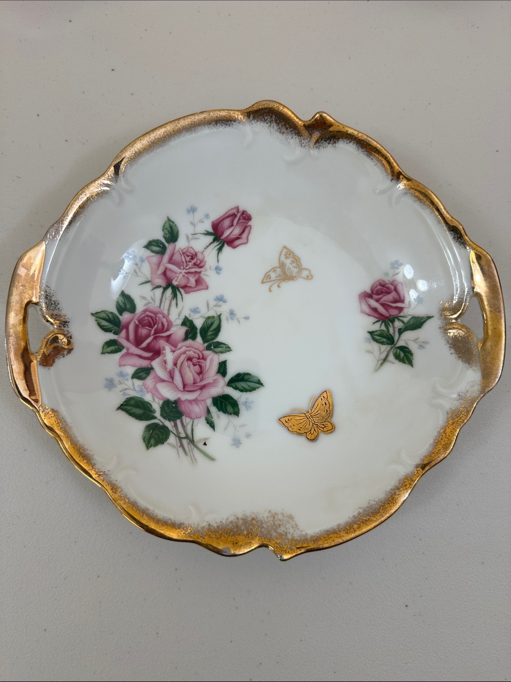 Porcelain Floral Dish with Pink Roses and Gold Trim - Rose Garden by Shafford